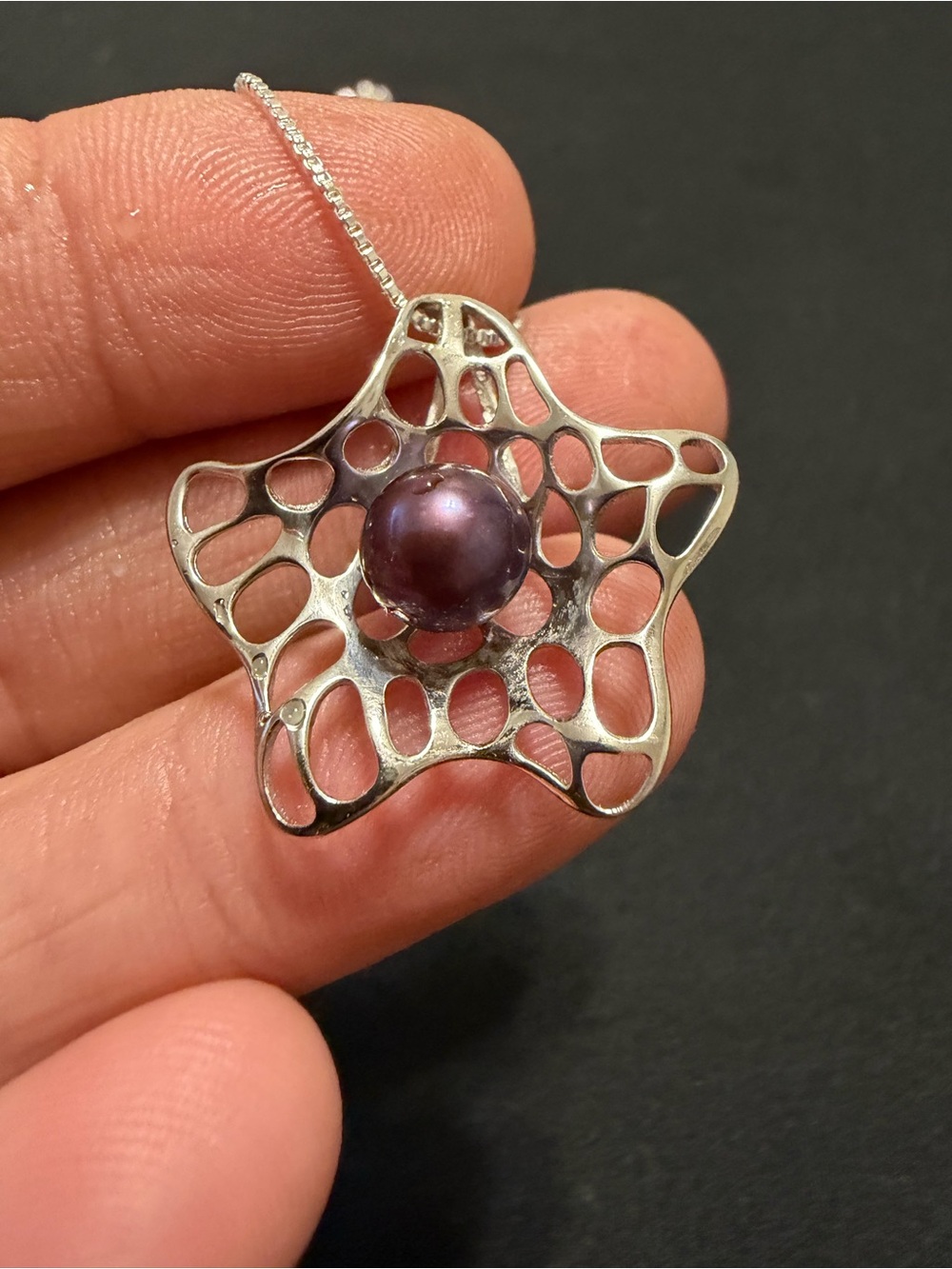 Sterling Silver Star fish Pendant Necklace with Purple freshwater Pearl